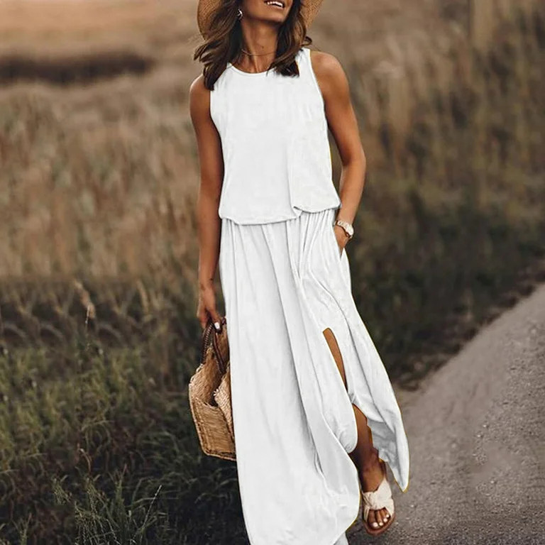 MELDVDIB Women Sleeveless Casual Pure Color Summer Swing Long Dresses Daily Party Beach Round Nec... | Walmart (US)