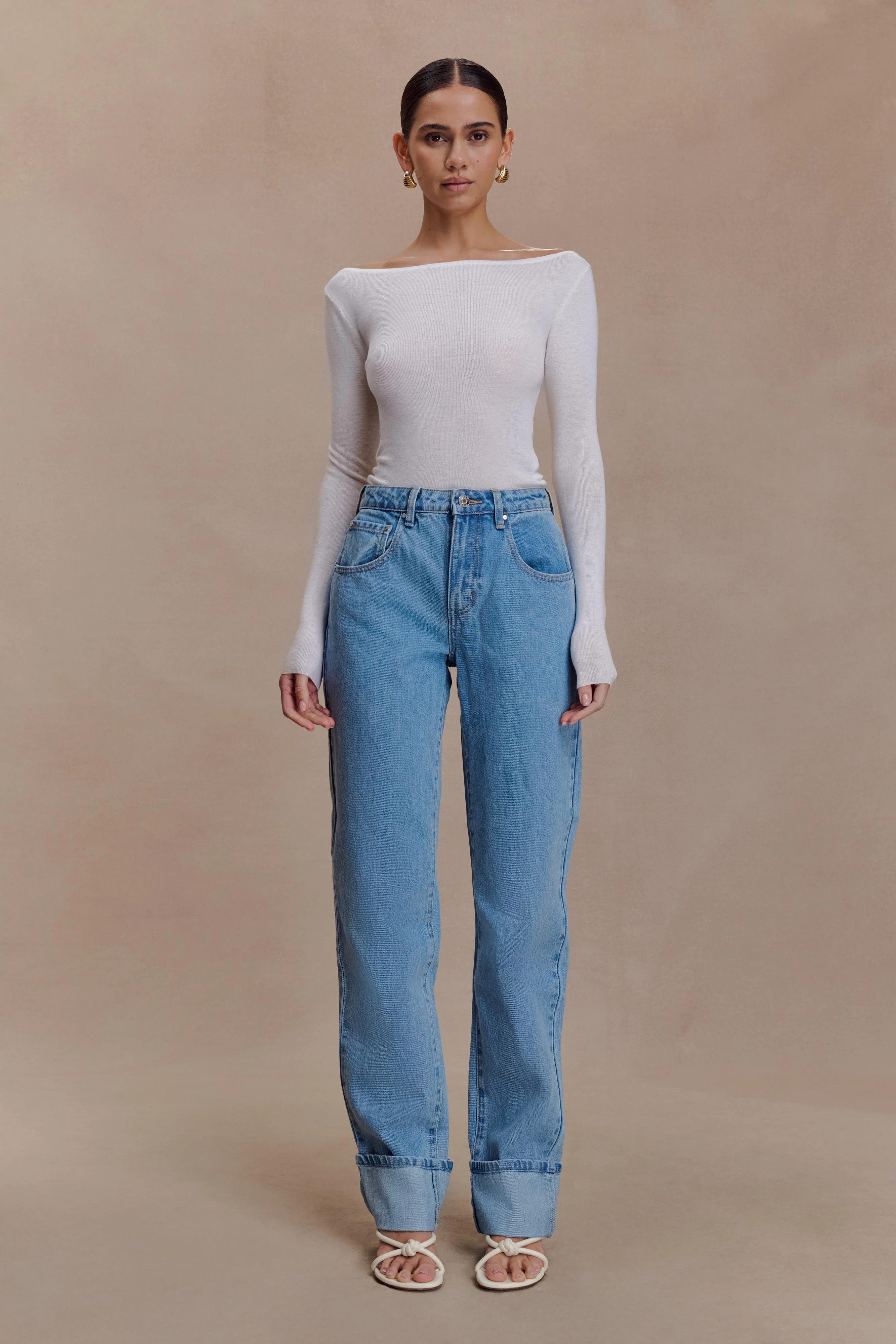 Paedyn Merino Wool Ribbed Long Sleeve Top - Ivory | MESHKI US