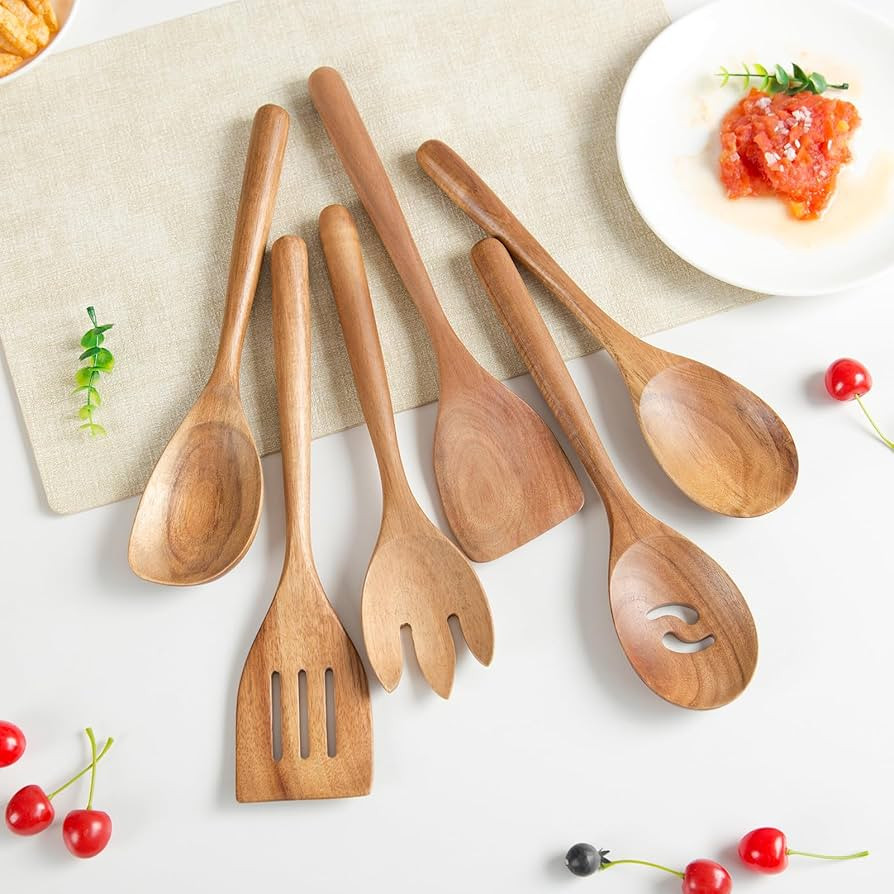 Wooden Cooking Utensils With Thick Round Handle, Set of 6, 12" Wooden Spoons for Cooking Solid Ac... | Amazon (US)