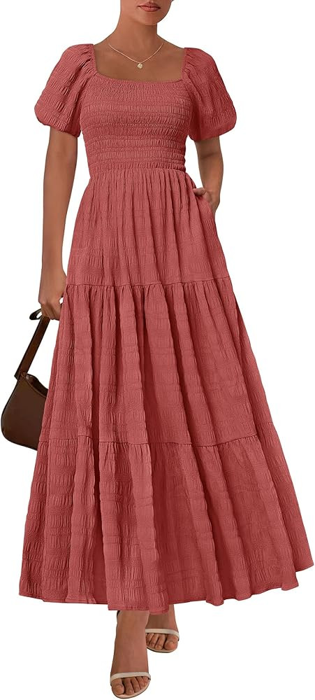 PRETTYGARDEN Womens Summer Puff Short Sleeve Maxi Dress Square Neck Smocked Tiered Ruffle A Line ... | Amazon (US)