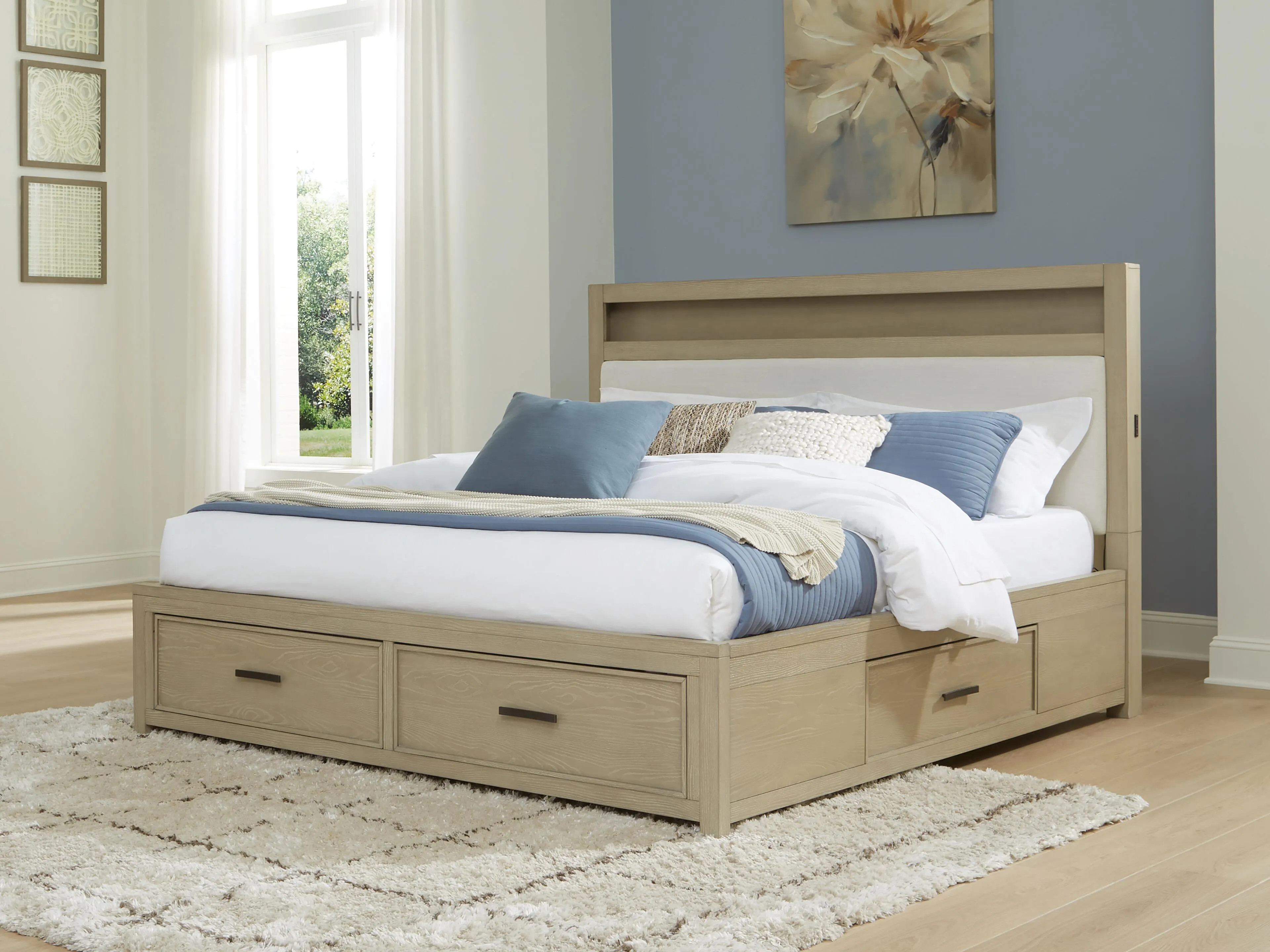 Calmoro Queen Upholstered Bookcase Bed with 4 Storage Drawers | Ashley | Ashley