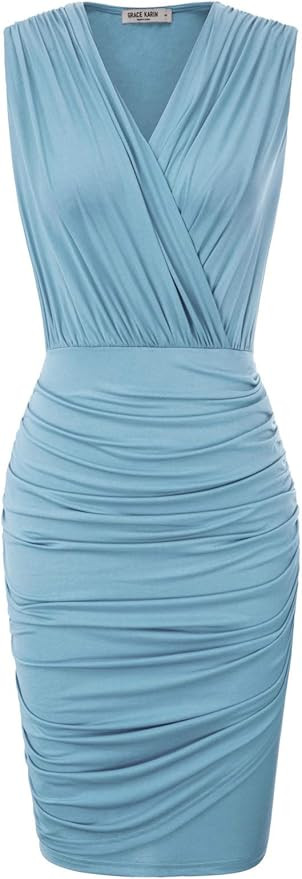 GRACE KARIN Women Retro Long Sleeve Ruched Wrap Party Pencil Dress | Amazon (US)