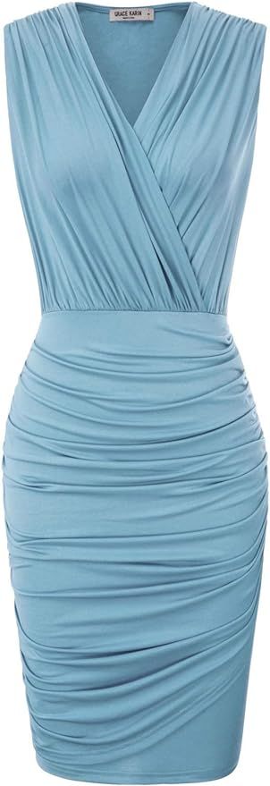 GRACE KARIN Women Retro Long Sleeve Ruched Wrap Party Pencil Dress | Amazon (US)