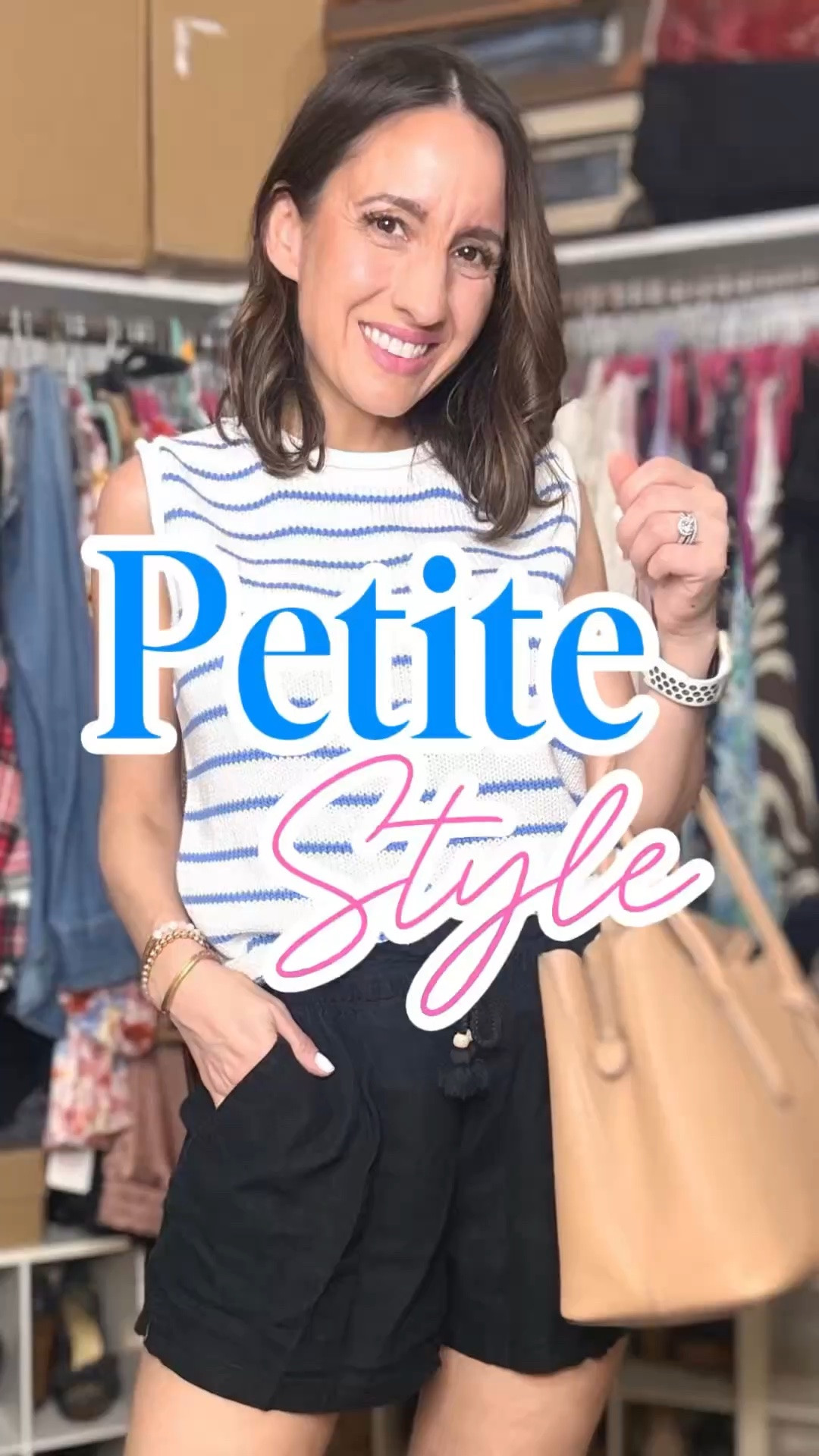 Blue and white sleeveless sweater tank. It runs big. Go down 1 size. 
Linen shorts. I love the length of these shorts. They are really comfy. 
Kate Spade tan handbag. 
Petite style 
Petite outfit 
Summer style 
Summer outfit 
Lunch style 
Brunch outfit

#LTKgrwm #LTKOver40 #LTKPetite