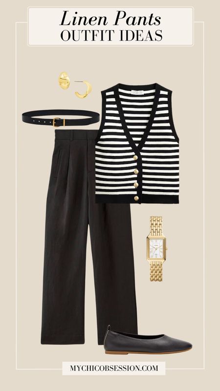 Style black linen pants with a striped vest top from J.Crew from summer. Accessorize with a black belt, a gold watch, and gold sculptural earrings. Finish the look with the Day flats from Everlane.

#LTKSeasonal #LTKStyleTip