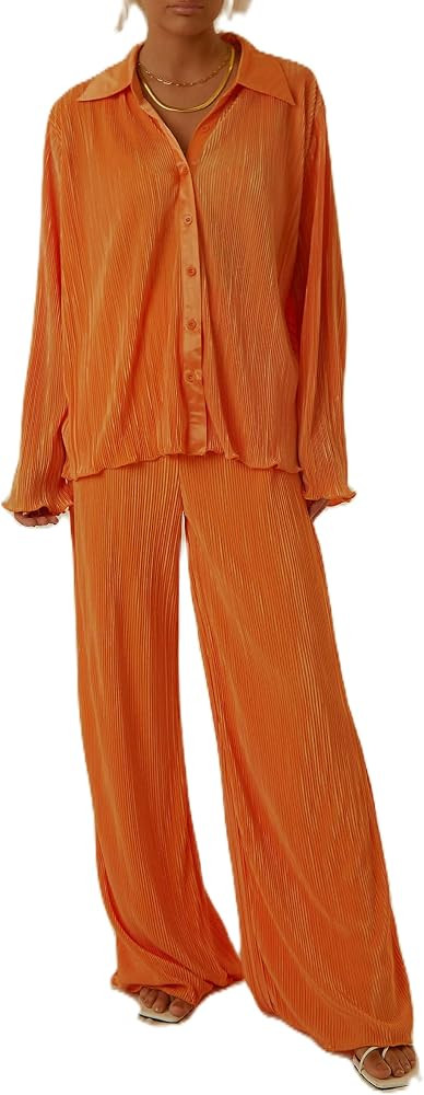 Y2k Sets Women 2 Piece Plisse Pants Set Oversized Long Sleeve Button Down Shirt High Waist Pants Two | Amazon (US)