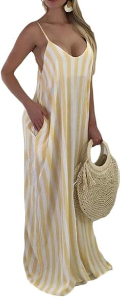Sweetmini Women Spaghetti Strap Bodycon Low Cut Striped Club Wear Maxi Dress | Amazon (UK)