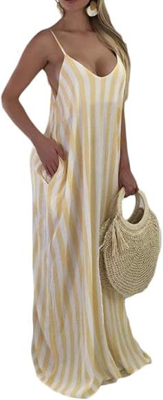 Sweetmini Women Spaghetti Strap Bodycon Low Cut Striped Club Wear Maxi Dress | Amazon (UK)