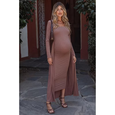 PinkBlush Mocha Ribbed Sleeveless Dress Cardigan Maternity Set Mocha Medium | Target