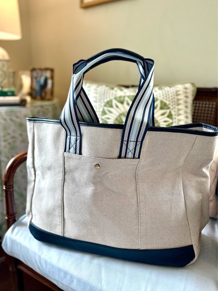 $20 Amazon tote bag with light blue and navy coloring and navy faux leather detailing on the bottom! The inside is striped and adorable and has two open pockets as well as a zipper pocket. The size is perfect to use as a work tote, beach bag, or to take to the farmer’s market! 

#LTKfindsunder50