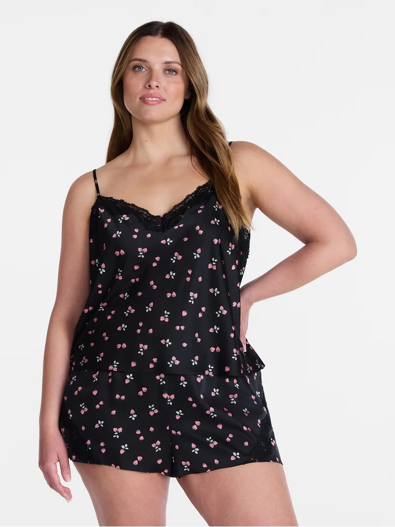 Joyspun Women's Lace Trim Stretch Satin Cami and Shorts Set, 2-Piece, Sizes XS-3X | Walmart (US)