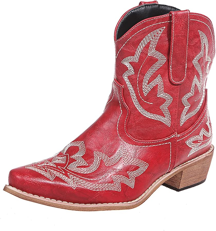 Cowboy Boots for Women Cowgirl Western Ankle Booties Pointed Toe Low Chunky Heel Embroidered Clas... | Amazon (US)