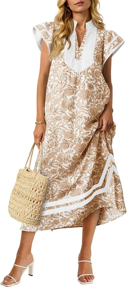 Womens Summer Floral Maxi Dress Casual Short Cap Sleeve V Neck Color Block Side Slit Loose Boho B... | Amazon (US)