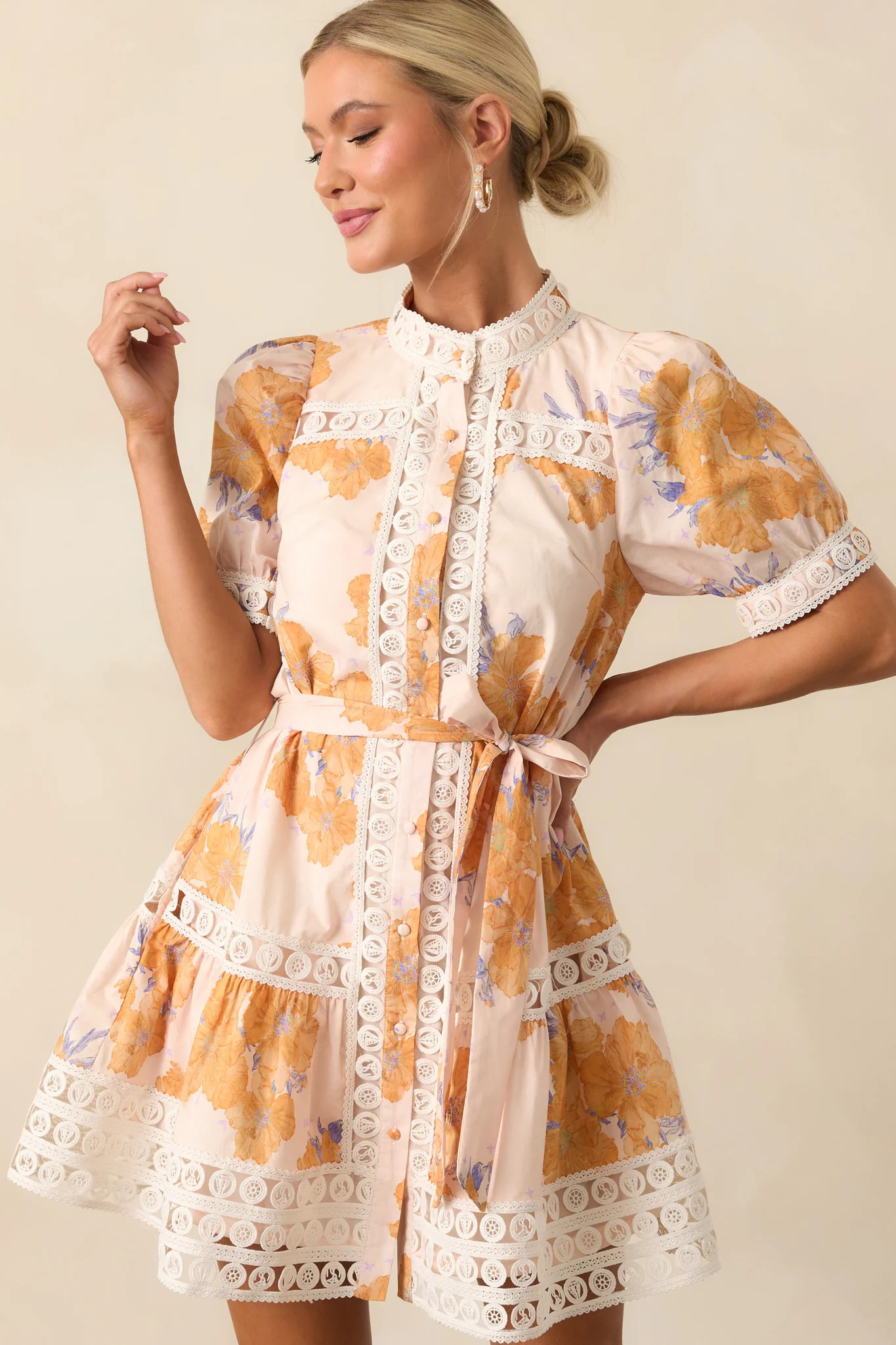 Past The Garden Gates Honey Yellow Floral Cotton Mini Dress | Red Dress