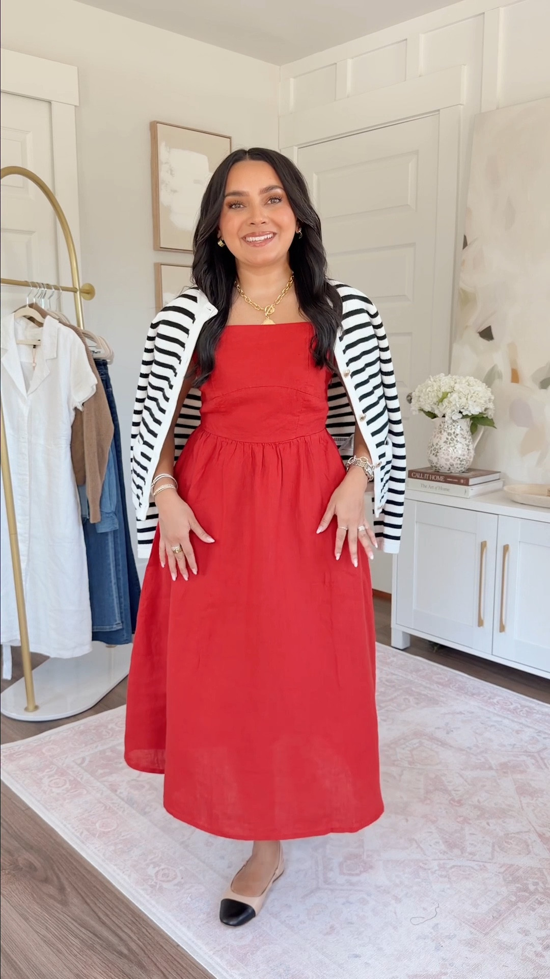 Cherry red dress XS TTS
Black Striped cardigan XS TTS
Slingback flats size 5 TTS - these are old, similar linked 

#LTKgrwm #LTKPetite #LTKootd