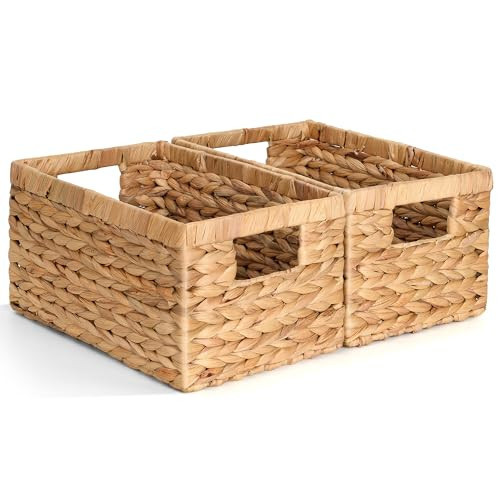 Set of 2 Wicker Shelf Storage Baskets for Organizing - Natural Durable Water Hyacinth Woven Basket Pantry Bin Organizers for Shelves with Handles for Home & Decor Organization, 12.5” x 8” x 6.5” | Amazon (US)