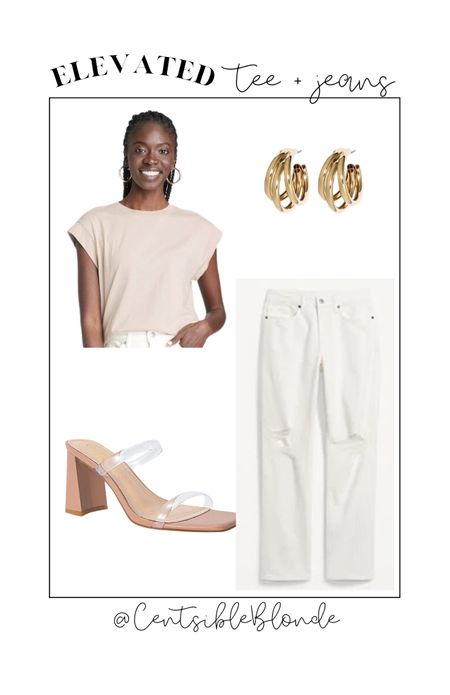 Elevated tee and jeans
White jeans
Clear strap sandals
Heeled sandals
Gold hoops
Affordable outfit 
Nude heels 

#LTKstyletip #LTKshoecrush #LTKunder50