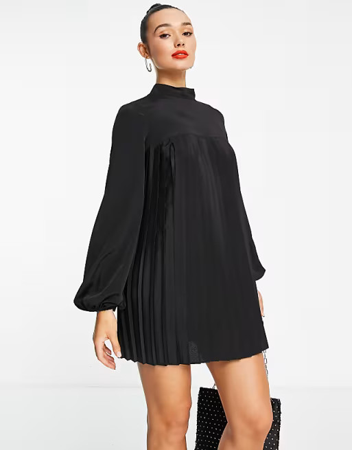 ASOS DESIGN high neck pleated trapeze mini dress in black | ASOS (Global)