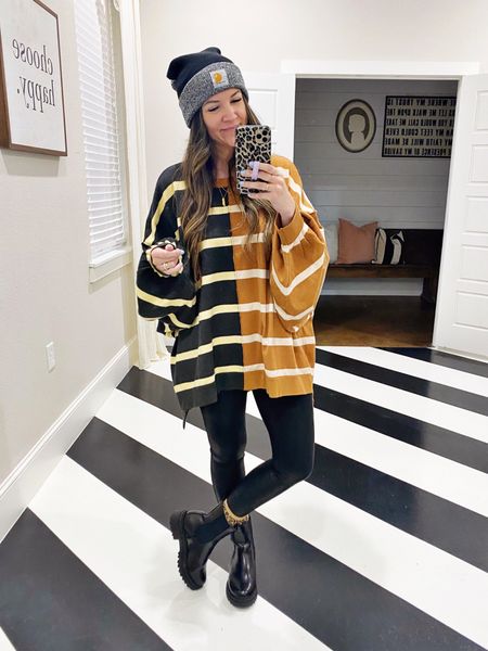 •free people uptown stripe pullover lookalike sweater from everydaysmitten.com
•spanx leggings (size up if between)
•carhartt beanie 
•chelsea boots (true to size) 