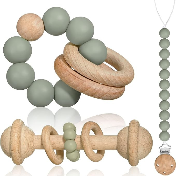 3 Pieces Wooden Baby Toy Silicone Baby Teething Circlets with Pacifier Holder Clip Wooden Baby Ra... | Amazon (US)
