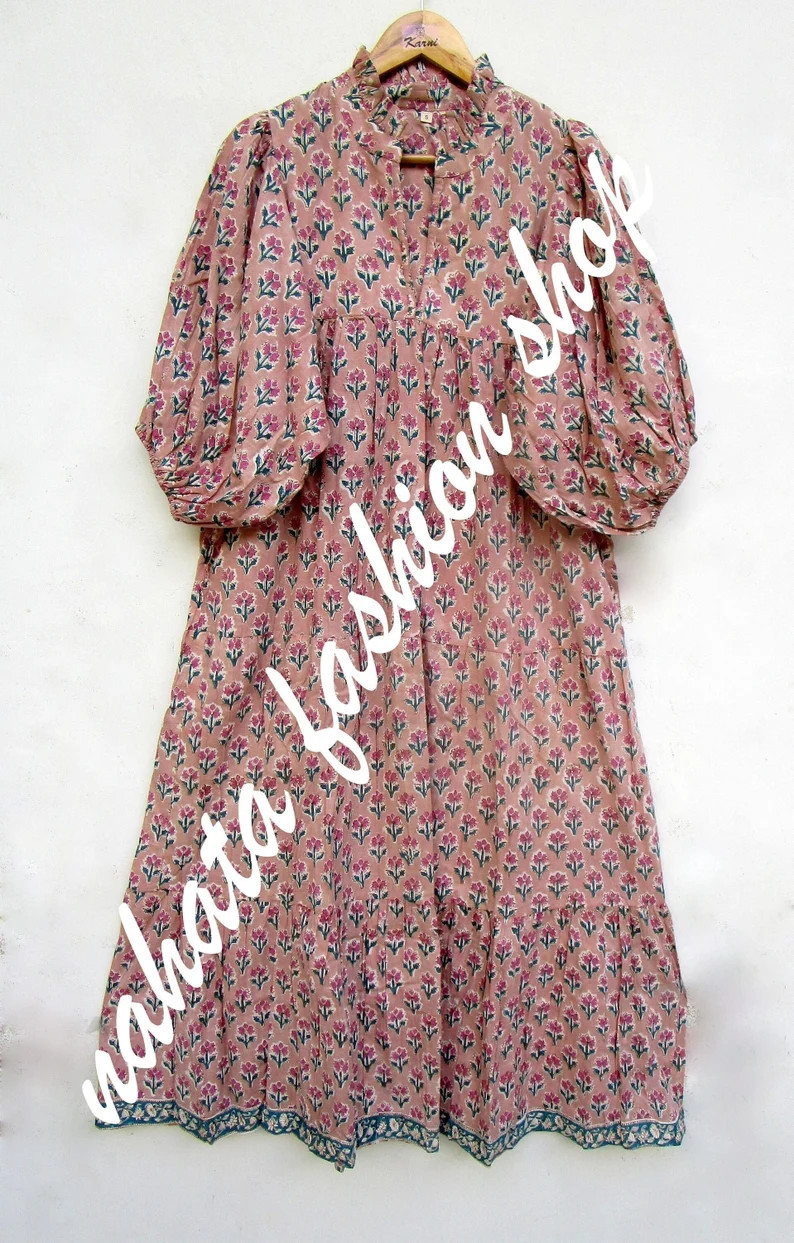 Pink Booty Printed Cotton Long Maxi Dress V Neckline Maxi Dress 3/4th Sleeve Boho Maxi Dress - Et... | Etsy (US)