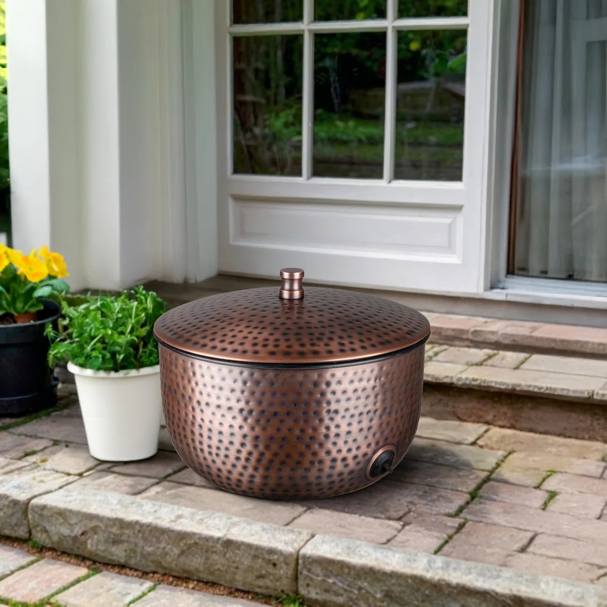 Hand Hammered Metal Garden Hose Holder Pot with Lid | Wayfair North America
