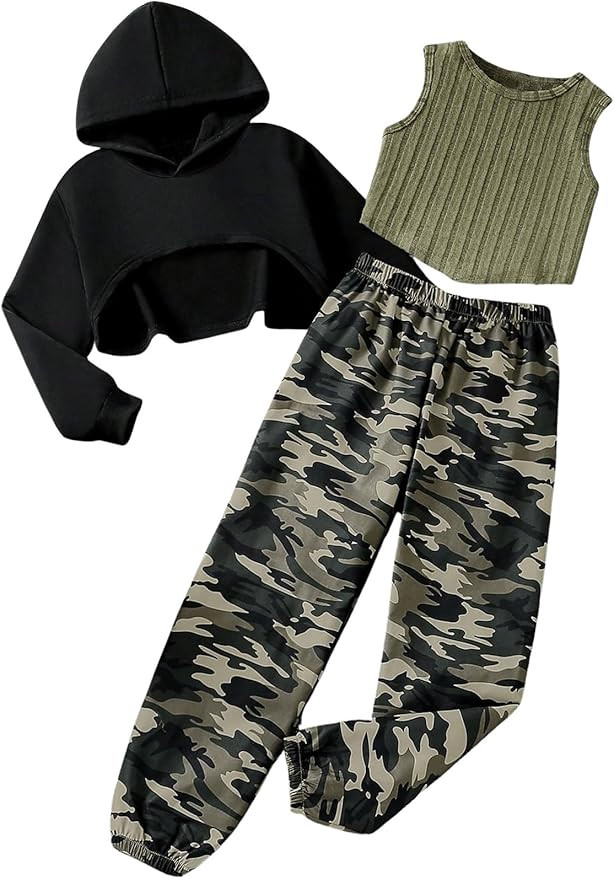 GORGLITTER Girl's Outfits Clothing Sets Sweatsuit Crop Hoodie Knit Tank Top Camo Jogger Sweatpant... | Amazon (US)