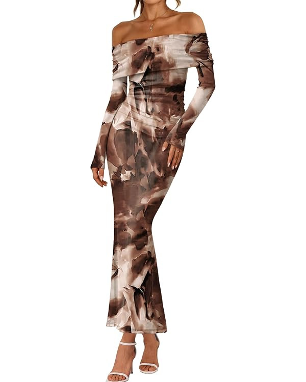 LILLUSORY Off The Shoulder Bodycon Floral Dress 2025 Fall Long Sleeve Maxi Wedding Guest Cocktail... | Amazon (US)