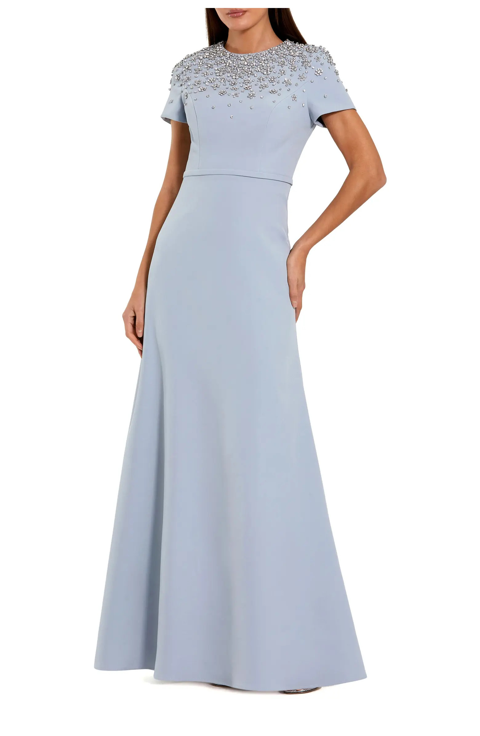 Short Sleeve Beaded High Neck Crepe Gown | Nordstrom