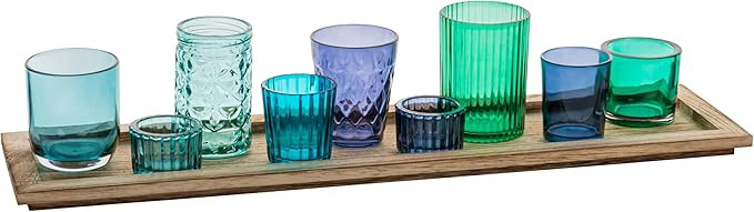 Creative Co-Op Wood Tray with 9 Blue & Green Glass Votive Holders | Amazon (US)