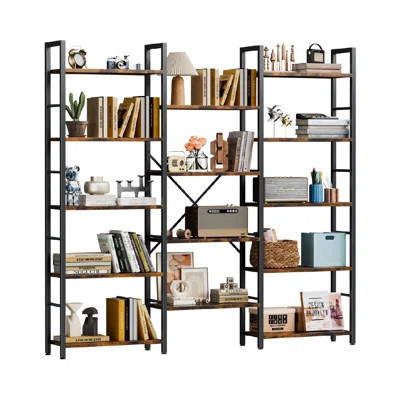 5 Tier Industrial Large Bookshelf, With 14 Open Display Shelves, For Home & Office, Rustic Brown | Wayfair North America