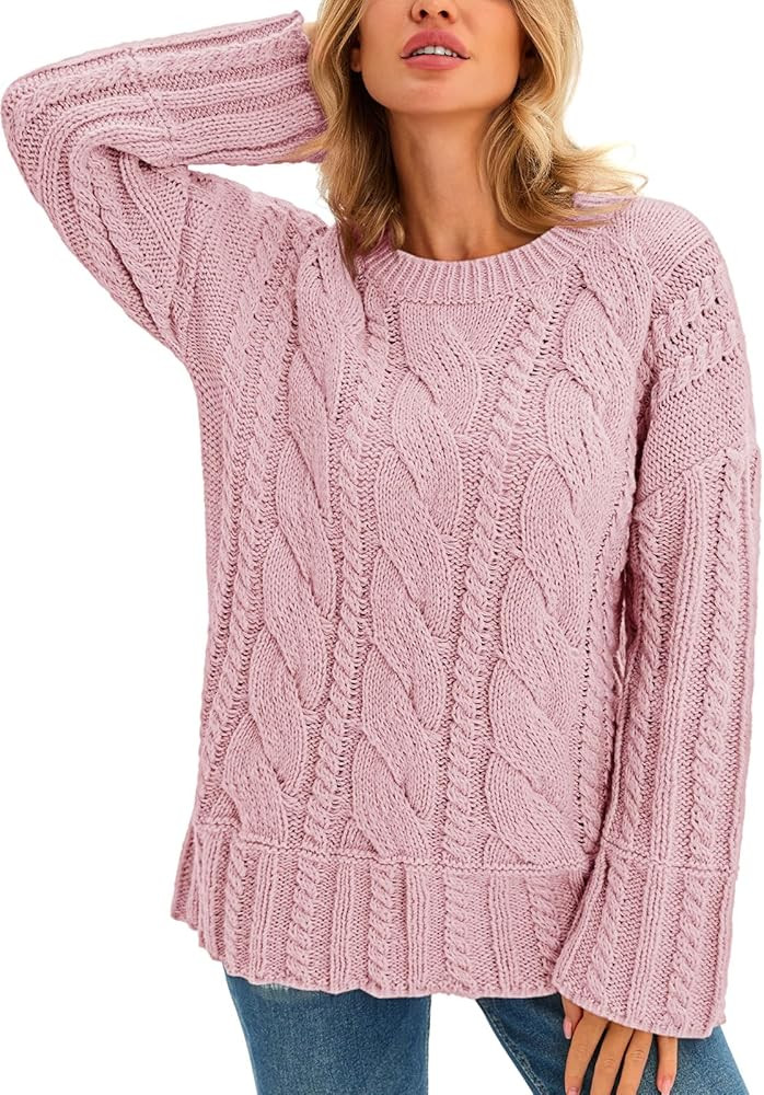 Saodimallsu Womens Chunky Cable Knit Sweaters Long Sleeve Crew Neck Fall Casual Loose Warm Pullov... | Amazon (US)