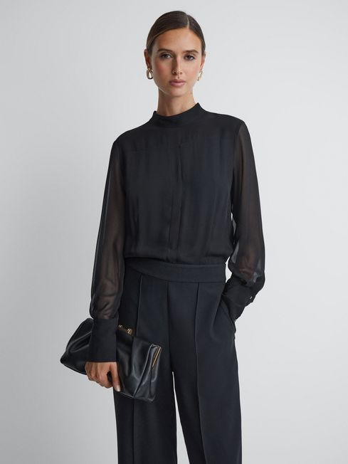 Reiss Black Magda Sheer Fitted Jumpsuit | Reiss US