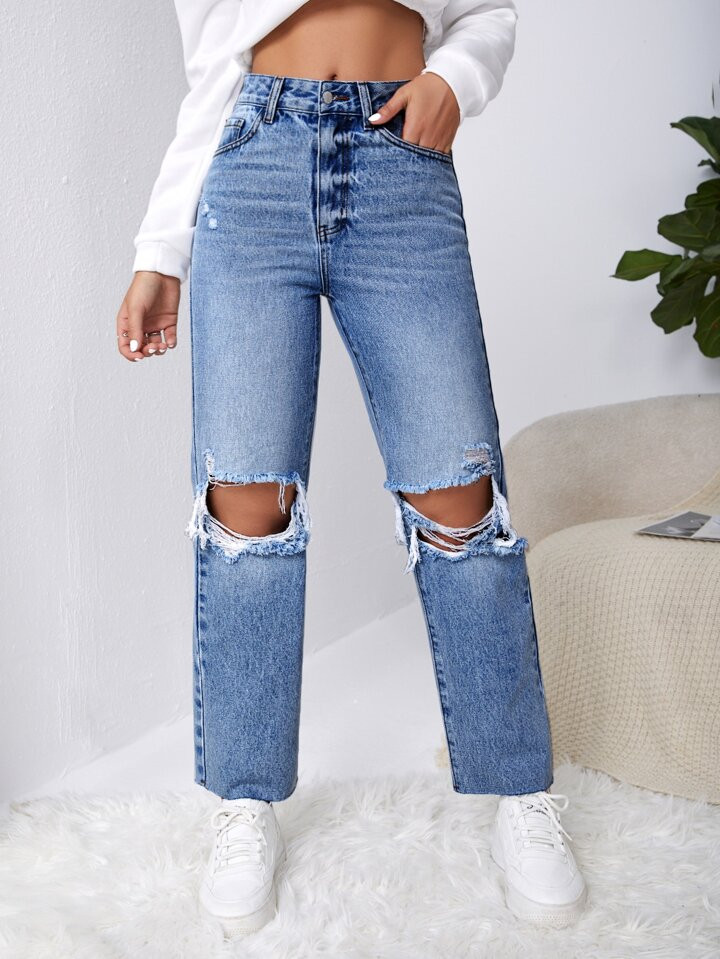 SHEIN EZwear Ripped Raw Cut Straight Leg Jeans | SHEIN