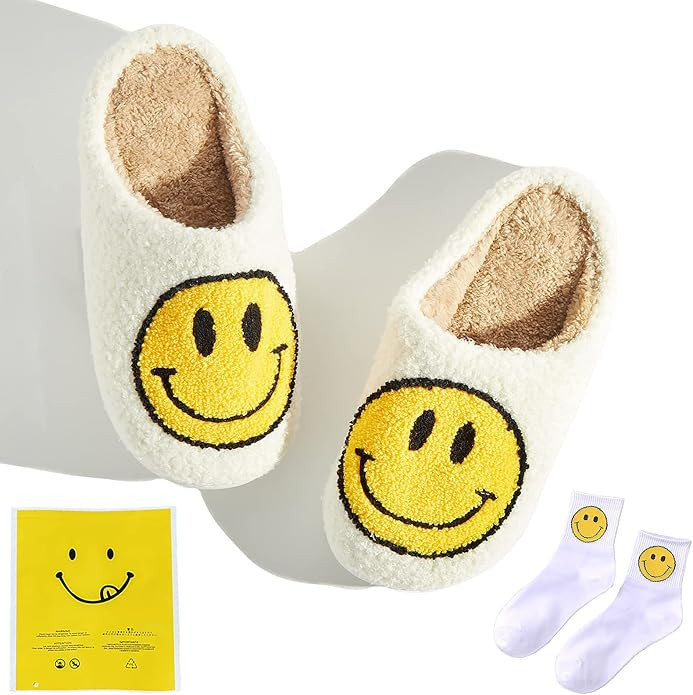Smiley Face Slippers For Women - Fuzzy Smiley Slippers With Smile - Fluffy Happy Face Slides Home... | Amazon (US)