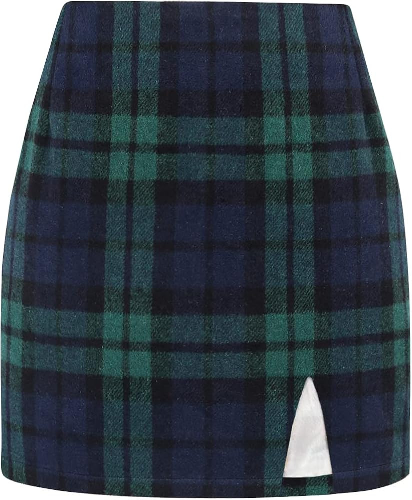 Plaid Mini Skirts for Womens High Waisted Fall Winter Wool Bodycon Pencil Skirts with Slit | Amazon (US)