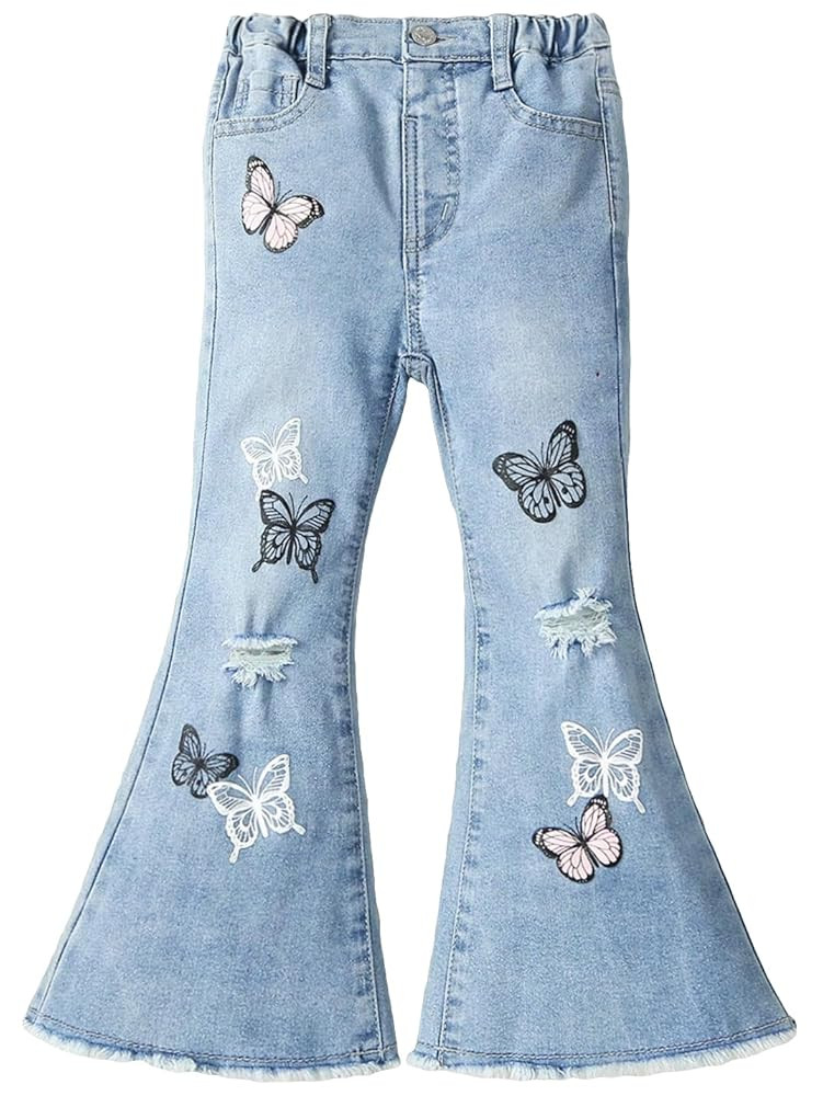 Floerns Girl's Butterfly Print High Waist Ripped Raw Hem Flare Leg Denim Jeans | Amazon (US)