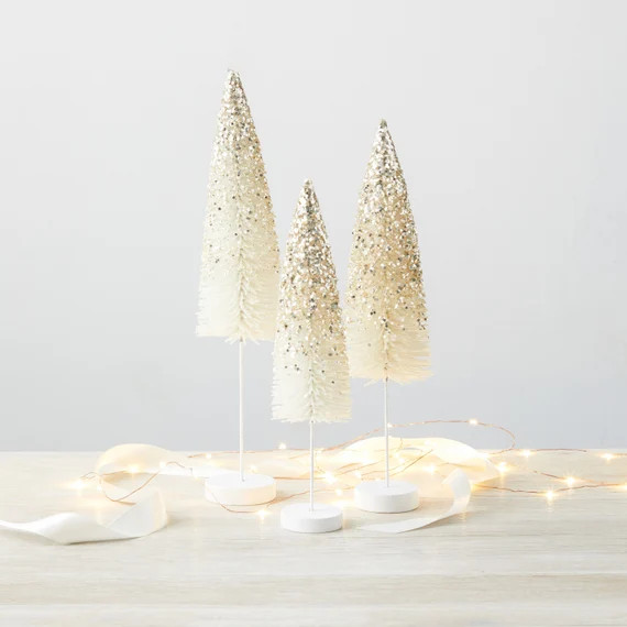 Bottle Brush Trees set of 3 White Platinum Glitter Flocked, 10.5" 12.5" and 14" tall, winter wedd... | Etsy (US)