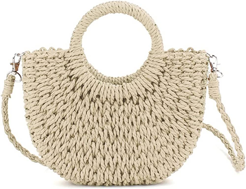 QTKJ Mini Semi-circle Rattan Straw Bag, Hand-woven Women Summer Retro Beach Tote Shoulder Bag Crossb | Amazon (US)