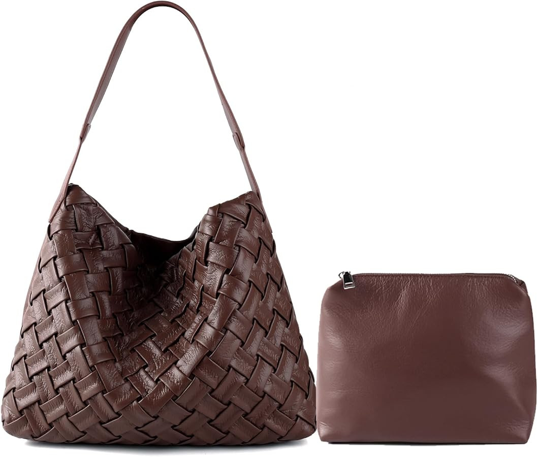 JINMANXUE Women Boston Bag Woven Vegan Leather Handbags Female Satchel Messenger Bag Fashion Shou... | Amazon (US)