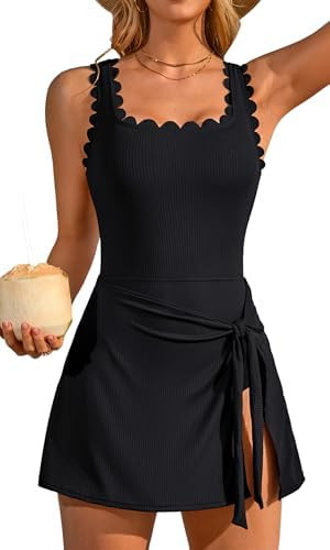 Charmo One Piece Swim Dress Scalloped Square Neck Modest Swimsuits for Women Tummy Control Bathin... | Amazon (US)
