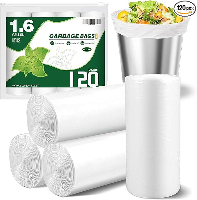 120 Counts 1.6 Gallon Small Trash Bags, Mini Garbage Bags, Fit 1.2-2 Gal, 4.5-8 Liter, Bathroom W... | Amazon (US)