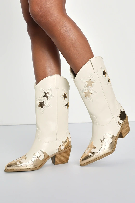 Nico Ivory Gold Metallic Pointed-Toe Western Mid-Calf Boots | Lulus (US)
