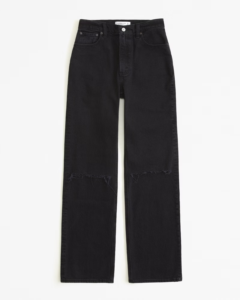 Abercrombie & Fitch Women's High Rise 90s Relaxed Jean in Black Destroy - Size 34 SHORT | Abercrombie & Fitch (US)
