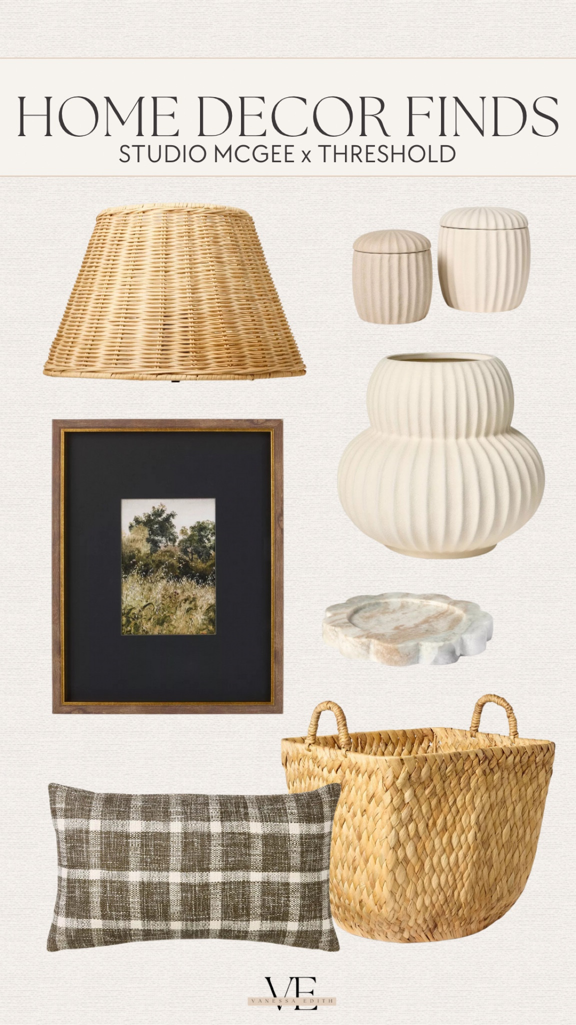 Threshold x Studio McGee 
Home decor 
Rattan lamp shade
Ribbed vase
Mini canisters
Basket
Marble dish
Accent pillow
Black matted frame

#LTKFindsUnder50 #LTKHome