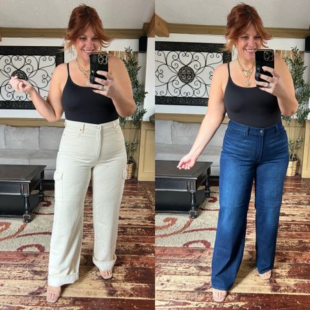 Wide leg jeans, cargo jeans, off white jeans, high waisted jeans- size 16tall in each (NO stretch in cream pair); SHAPEWEAR bodysuit size large 

#LTKstyletip #LTKfindsunder50 #LTKover40