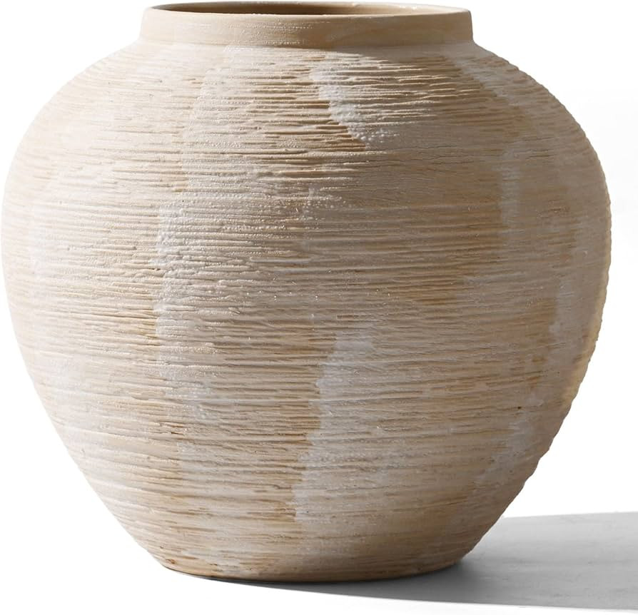 Large Rustic Farmhouse Vase - 8.8 in Ceramic Boho Decorative Vase for Home Decor, Round Clay Whit... | Amazon (US)