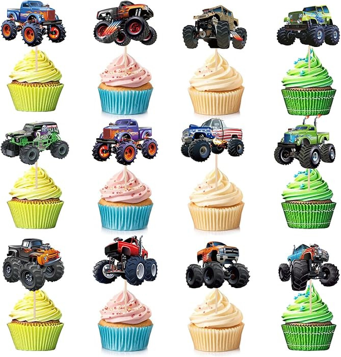 24 PCS Monster Truck Cupcake Toppers Truck Car Theme Birthday Party Decorations Racing Car Theme ... | Amazon (US)