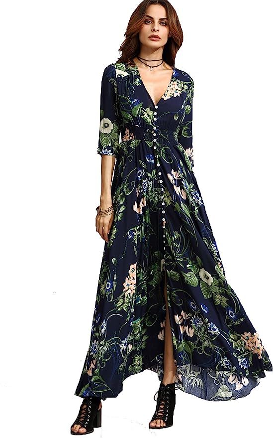 Milumia Women's Button Up Split Floral Print Flowy Party Maxi Dress | Amazon (US)