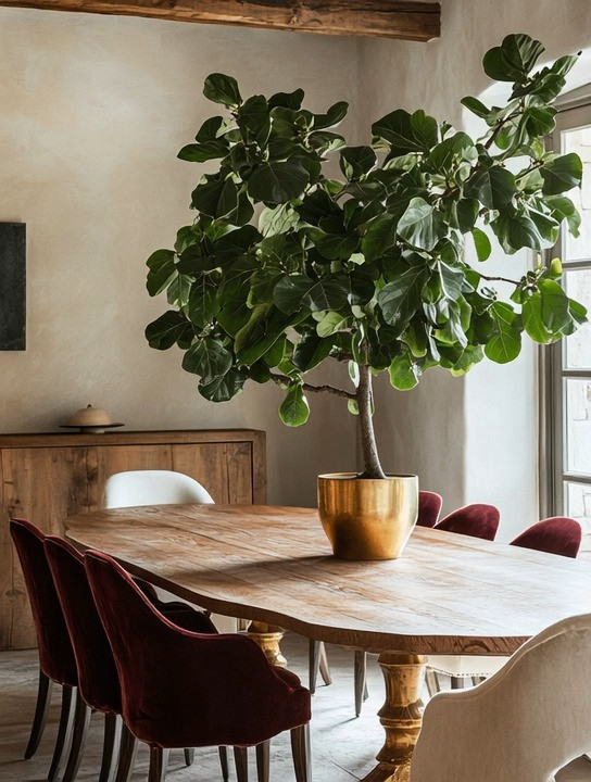 Create a California-style dining room that feels relaxed, warm, and effortlessly elevated. A natural wood dining table sets the foundation with its organic texture and timeless appeal, while burgundy dining chairs add depth, richness, and a subtle touch of drama. Placing ivory chairs at the head of the table creates contrast and balance, making the arrangement feel intentional and thoughtfully styled rather than matchy-matchy. Finish the look with a gold planter and a sculptural tree-like plant placed at the center of the table to bring in height, softness, and a natural focal point. This blend of warm wood, refined color contrast, and organic greenery creates a dining space that feels inviting, unique, and beautifully lived-in—perfect for everyday meals and relaxed entertaining.
#diningroomdecor #californiastyle #quietluxury 

 #LTKHome